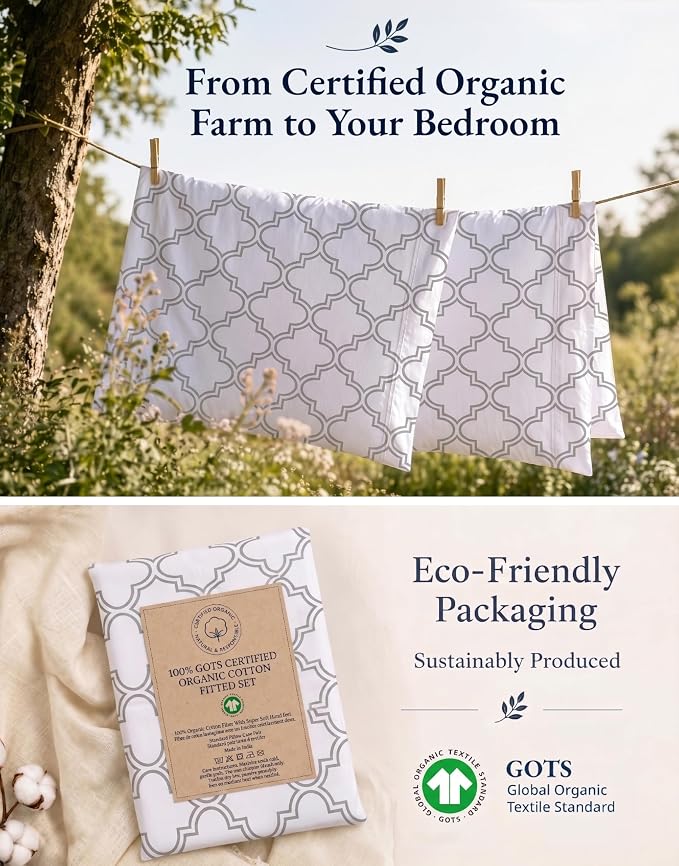 LANE LINEN Twin XL Fitted Sheet, 100% Organic Cotton 2-Piece Set (1 Fitted Sheet,1 Pillowcase),Percale Weave,Bottom Sheet, Soft, Breathable,Fits Mattress Upto 15" Deep - Trellis Silver(No Flat Sheet)