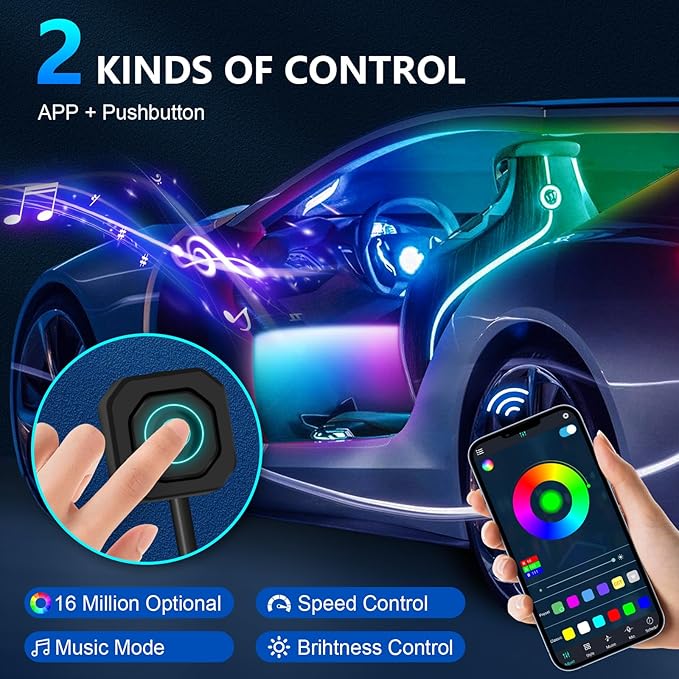 RGB Acrylic Ambient Lighting Car Lights, LED Strip Lights with APP Control, 593 LEDs Interior Car Lights, 6 in 1 Neon Car Ambient Neon Light Kits