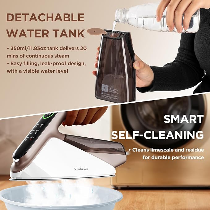 Newbealer Steam Generator Iron, 1500W Turbo Steamer for Clothes (Gold) | 2 Bar Steam Pressure Clothes Iron, 4 Steam & 4 Dry Heat Modes, Fast Heat-Up, 350ml Detachable Tank, Auto-Off, Self-Cleaning