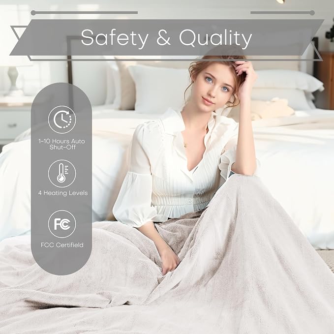 Electric Heated Blanket King Size 90"x100", Dual-Sided Coral Fleece & Sherpa Fabric, 4 Heat Settings & 10H Auto Off, Soft Warm for Home, Office, Bed, Couch, Machine Washable, Dual Control, White
