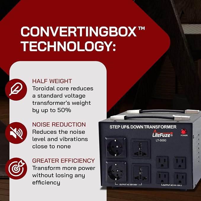 LiteFuze LT Series 5000 Watt Voltage Converter Transformer Step Up/Down - 110v to 220v / 220v to 110v Power Converter - Fully Grounded Cord - Universal Socket, CE Certified
