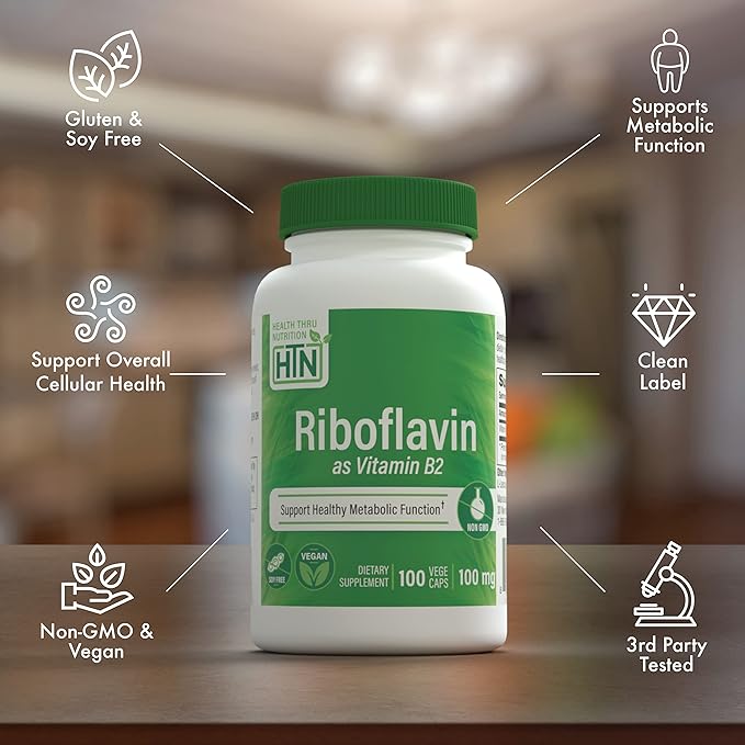 Health Thru Nutrition Riboflavine 100mg Vitamine B2 100 Végécaps | Soutient une fonction métabolique énergétique saine et le système nerveux | Testé par des tiers | Sans OGM, soja et gluten, hypoallergénique