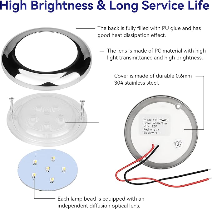RVZONE 3 Inch White & Blue Dual Color Boat Courtesy Lights, IP68 Waterproof Stainless Steel Marine LED Light, Interior Exterior Deck Cabin Lighting for Fishing Pontoon Sailboat, 4 Pack