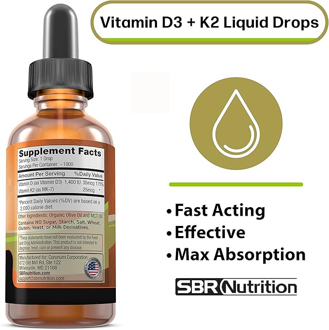 SBR Nutrition MAX Absorption, Vitamine D3 + K2 (MK-7) en gouttes liquides avec huile MCT, sans arôme, aide à soutenir la solidité des os et la santé cardiaque