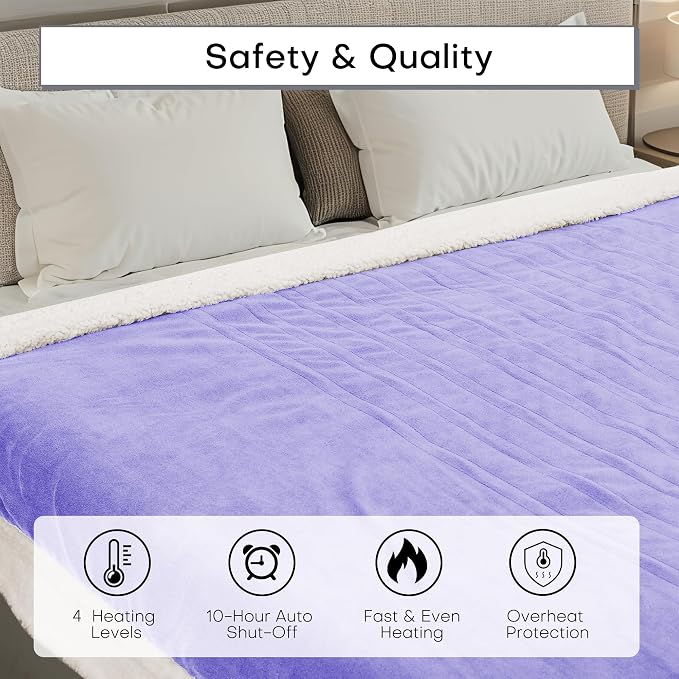 Electric Heated Blanket 50"x60" Throw Size for Safe All Night Rest, Dual-Sided Microplush Sherpa for Bedroom Couch Use, 4 Heat Settings & 3 Hours Auto Off, Machine Washable - Light Purple