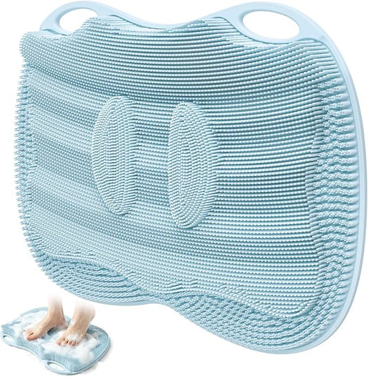 XL Shower Foot Scrubber Mat, Silicone Feet Massage Scrubber in Shower Clean Foot Toes Pad without Bending Non-slip Suction Cups -Blood Circulation Exfoliate Achy Relief 17.4*13.4" Light Blue