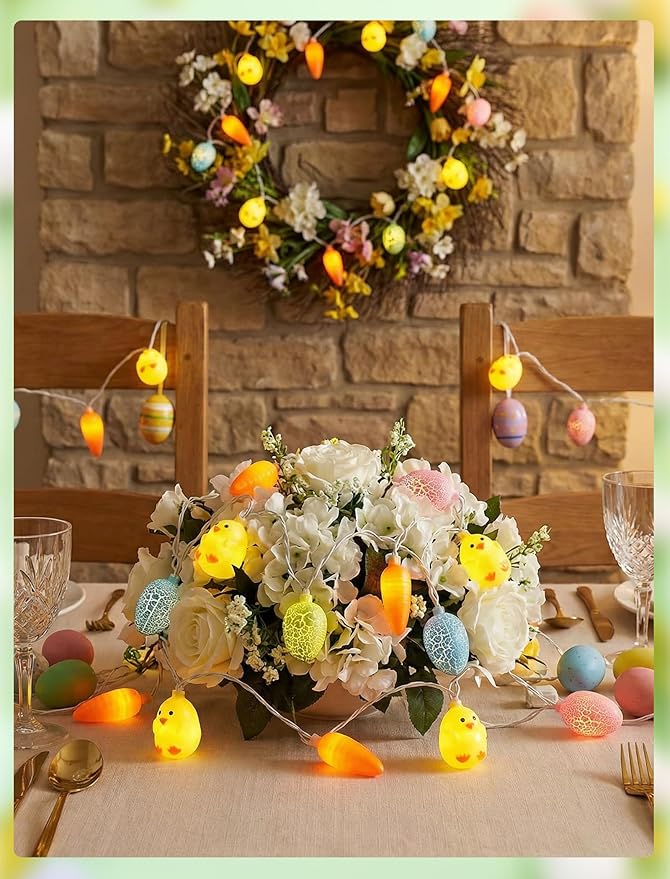 GOOTHY 8.5Ft Outdoor Easter Cracked Egg Chicken and Carrot String Lights Plug in, Hanging Easter Decorations Pastel Lights for Indoor Outdoor Spring Themed Party Patio Garden Birthday Home Decor