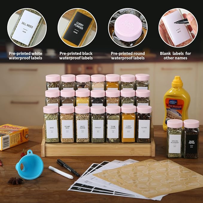 36 Glass Spice Jars with Labels, Spice Jar Set, 4oz Seasoning Containers, Spice Containers with Pink Airtight Lids and Shaker Lids, Square Empty Spice Bottles, 492 Labels, 1 Funnel