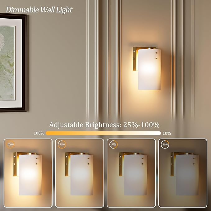 Morauroral Gold Modern Battery Operated Wall Sconce, Rechargeable Wall Sconce with Dimmable Remote, Indoor Wall Lights Warm Light for Living Room Bedroom with White Shade (Bulbs Included)