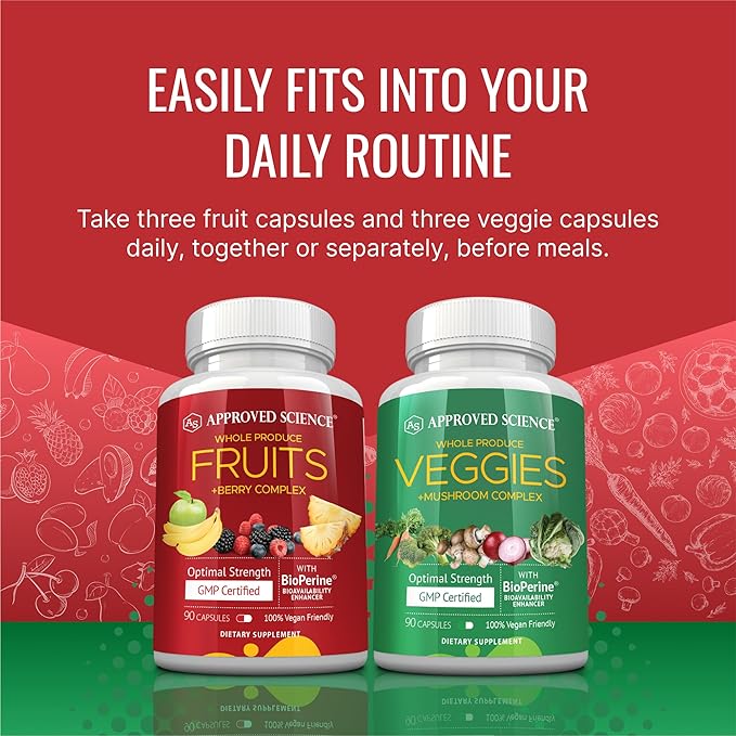 Approved Science Fruits & Veggies - 42 Whole Fruit and Veggie Supplement - Enhanced Health & Vitality - Daily Natural Vitamins, Minerals, Antioxidants - 180 Capsules Each - 2-Month Supply