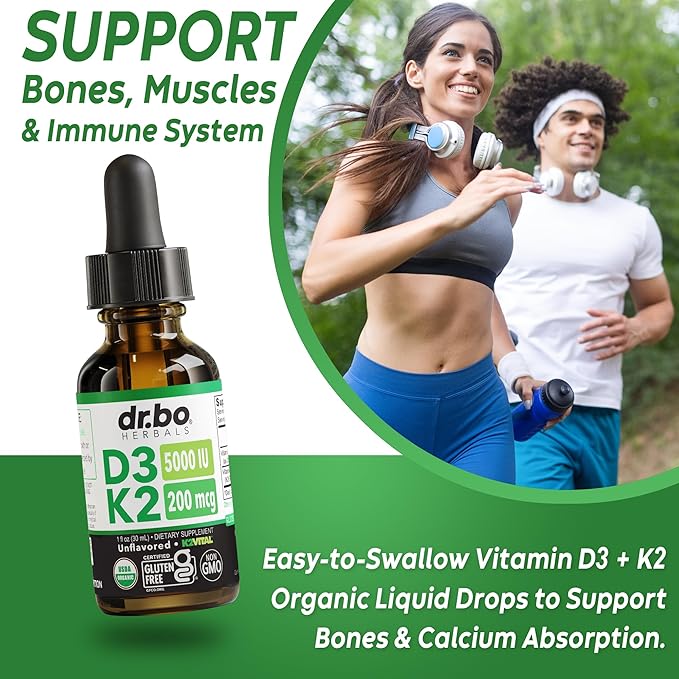 Vitamine D3 K2 Gouttes Liquides - Complément Liquide Bio D3K2 Vitamine D3 K2 Huile TCM pour Adultes & Enfants, Absorption du Calcium Os Solides - Compléments Vit D et K 5000 UI, Vitamines D + K MK7 30 ml