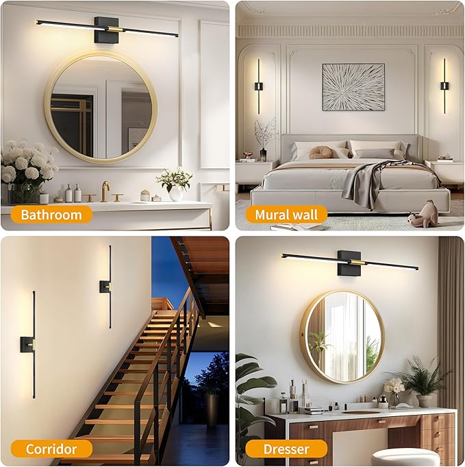 10000mAh Battery Operated Wall Sconces Set of 2, 3 Color Dimmable Rechargeable Wall Light with Remote, 24 Inch Black Gold Wireless Sconces Wall Decor with Timer Function for Living Room, Bedroom, TV