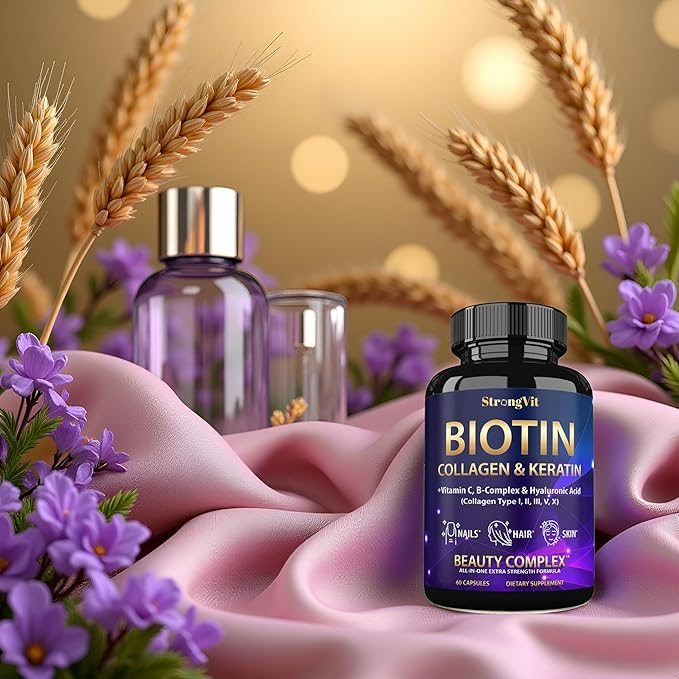 StrongVit Biotin with Hyaluronic Acid, Keratin and Collagen Supplements - 10000mcg for Hair Growth Women and Men - Hair Skin and Nails Vitamins - 60 Capsules
