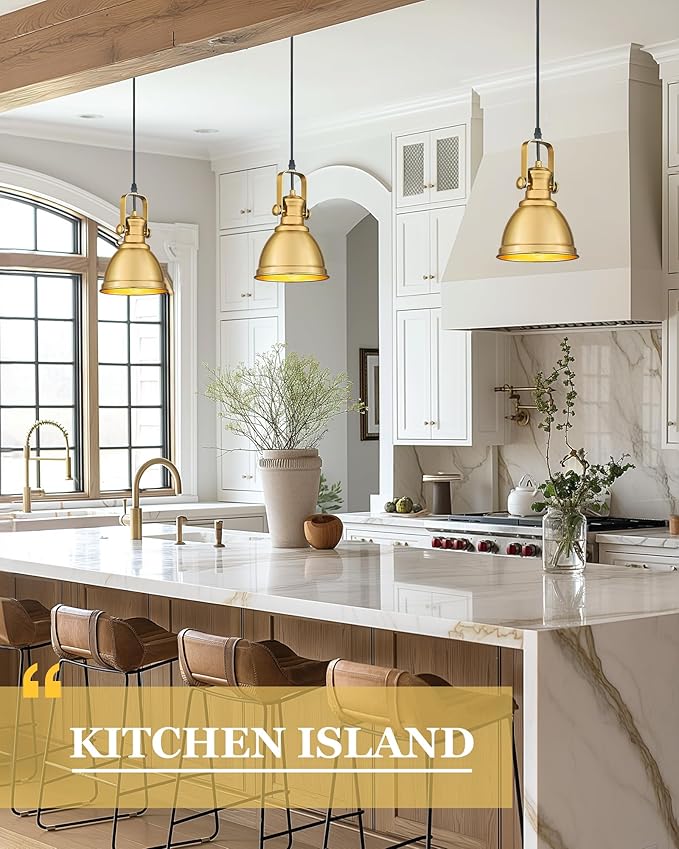 2 Pack Pendant Lights Kitchen Island, Farmhouse Hanging Lights Fixtures with Metal Shade, Rustic Kitchen Pendant Lighting Over Island for Dining Room, Brushed Gold, AD-2151-1P2-GD