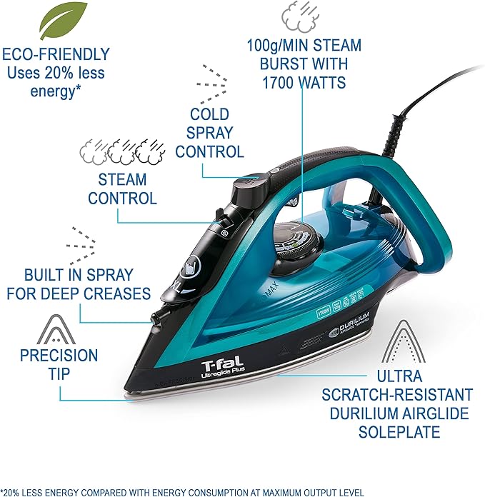 T-Fal Ultraglide Steam Iron for Clothes Durilium Soleplate, Precision Tip, Anti-Drip, Auto-Off 1800 Watts Ironing, Steaming FV5841U0 (Pack of 3)