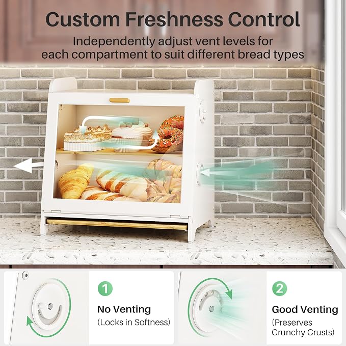 SNTD Bread Box for Kitchen Countertop, Airtight Homemade Bread Storage Container with Adjustable Vent Holes, Bamboo Cutting Board (White, L)
