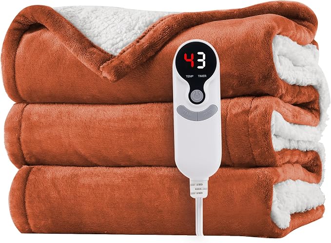 Electric Heated Blanket 62"x84" Twin Size, Dual-Sided Flannel & Sherpa, 9 Heat Settings & 1-10H Auto Off, Soft Warm for Home Office Bed Couch, Machine Washable, ETL Certified, Caramel