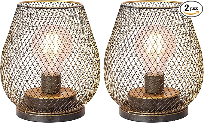 Set of 2 Battery Operated Lamp LED Table Lantern, Golden Metal Cage Cordless Lamps with LED Bulb，Vintage Decorative Outdoor Lantern for Weddings, Parties, Patio, Events for Indoor Shelf Decor