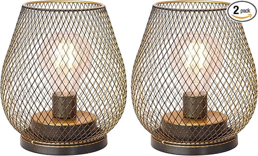 Set of 2 Battery Operated Lamp LED Table Lantern, Golden Metal Cage Cordless Lamps with LED Bulb，Vintage Decorative Outdoor Lantern for Weddings, Parties, Patio, Events for Indoor Shelf Decor