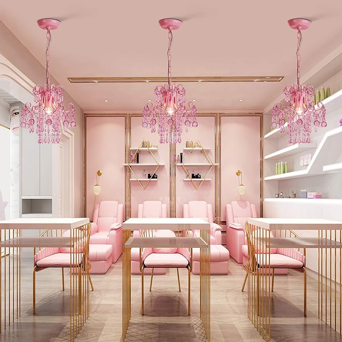 Q&S Mini Crystal Chandelier, Modern Pink Chandelier,Small Hanging Light Fixture for Princess Room Dressing Room Bathroom Clothing Store Salon W11.8 1 Light E26. UL Listed