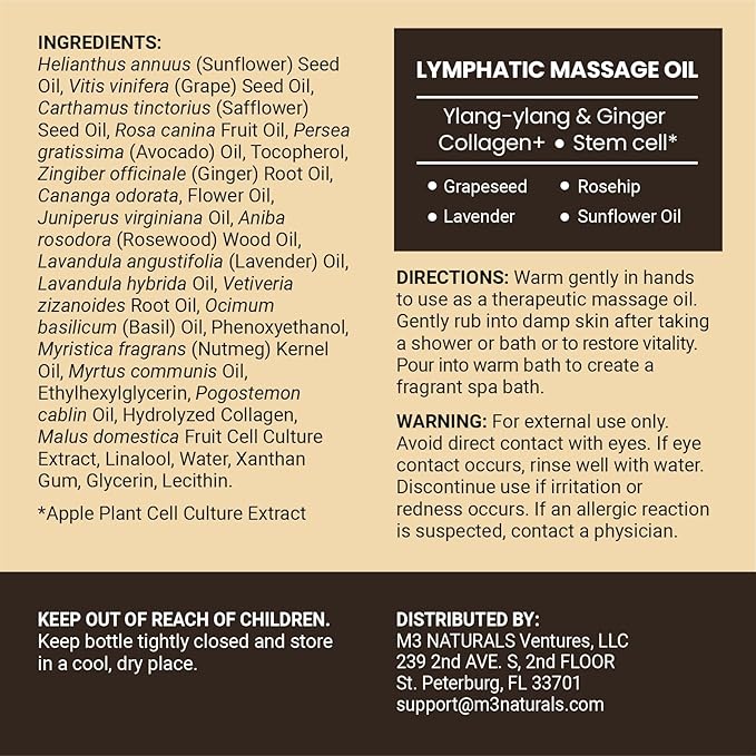 Kit Huile & Rouleau de Massage Lymphatique pour la Massothérapie - Huile et Masseur de Drainage Lymphatique Ylang Ylang & Gingembre pour la Circulation et le Soutien à la Détoxification, Formule Non Grasse et Rouleau Facile à Utiliser (236 ml) par M3