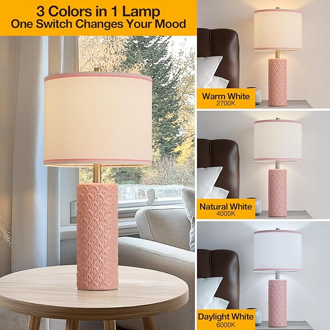 27" Farmhouse Bedside Table Lamp Set of 2, Pink Modern Ceramic Lamps for Living Room, 3 Color Temperature Rustic Table Lamps for Bedroom, Night Stands, Dorm,Office, Home Décor (Bulb Included