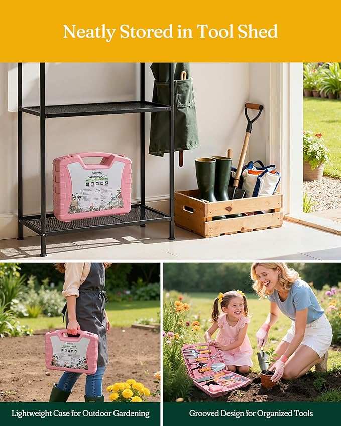 Grenebo 12-Piece Womens Gardening Tools Gift Set, Rust-Proof & Heavy-Duty Garden Tools with Durable Carrying Case, Fashionable & Thoughtful Gardening Gifts for Women&Men (Pink-Silver)