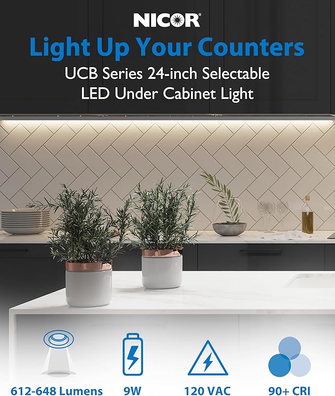 24” LED Direct Wire Under Cabinet Light with On/Off Switch - Dimmable LED Lights for Kitchen - Selectable CCT 2700K-5000K, 612-648 Lumens, 9W - UCB Hardwired Under Cabinet Lighting by NICOR Lighting