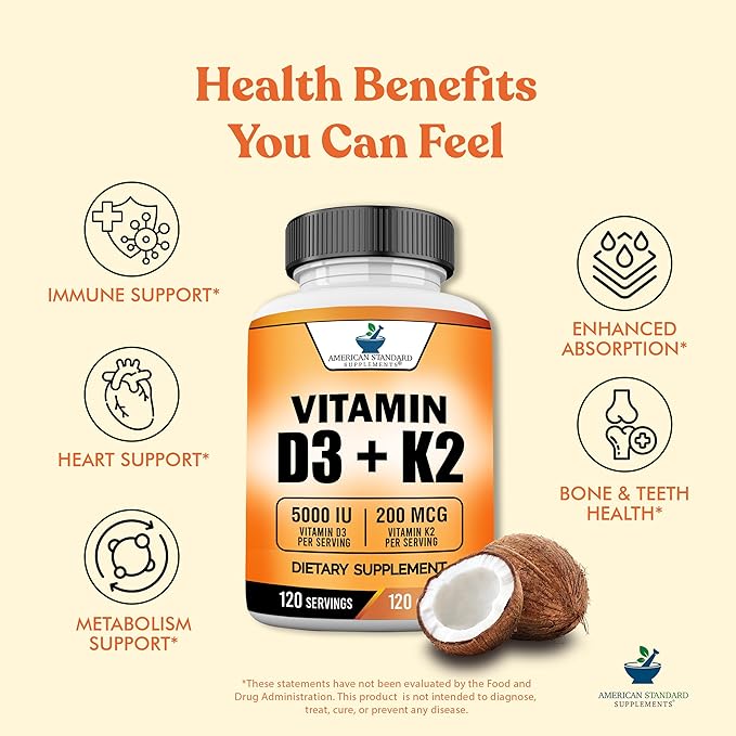 American Standard Supplements Vitamin D3 5000 IU (125mcg) Plus Vitamin K2 (MK7) 200mcg Per Capsule - Gluten Free, Non-GMO, 120 Capsules, 120 Servings, 120 Day Supply