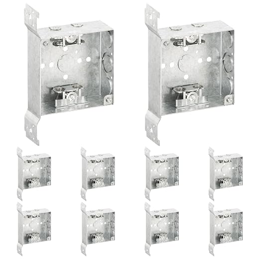 OHLECTRIC 4" Square Welded Electrical Box with Flush Mount Brackets (10-Pack) 1-1/2 Inch Deep Box with BX/MC Cable Clamp, ½ & ¾ Knockouts, Galvanized Steel, 21 Cu. in. Metal Junction Box
