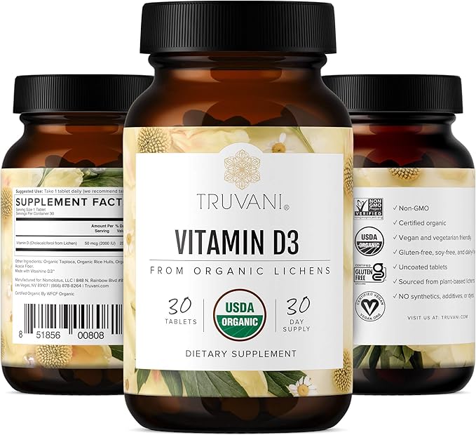 Truvani オーガニックビタミンD3 - 植物性、USDAオーガニック、グルテンフリー、非GMO、ヴィーガンD3サプリメント - 骨、免疫、脳の健康をサポート - 30粒 (2個パック)