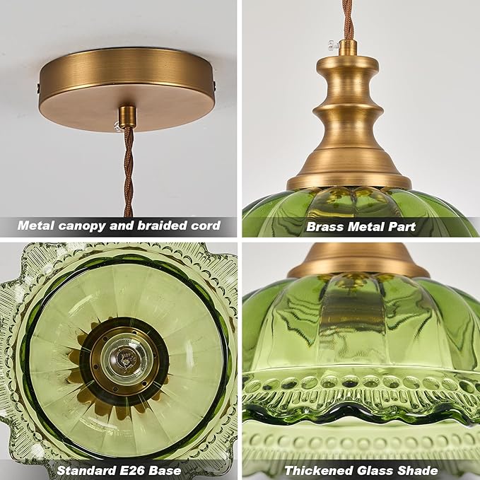HDDFL Glass Pendant Lights Modern Pendant Lighting Fixtures Hanging Lamp for Kitchen Island Bedroom Dining Room Coffee Shop Hallway Green and Brass 2 Pack