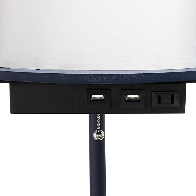 Simple Designs LF2010-NAV 62.5" Round Modern Shelf Etagere Organizer Storage Floor Lamp with 2 USB Charging Ports, 1 Charging Outlet and Linen Shade for Living Room Bedroom Office, Navy