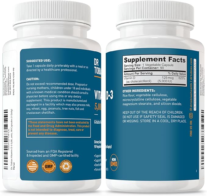 Dr. Tobias Vitamine D3 5000 UI, Essentielle pour des os, des dents et un système immunitaire sains, Supplément de Vitamine D Extra Fort, Sans OGM, 90 Capsules, 90 Portions