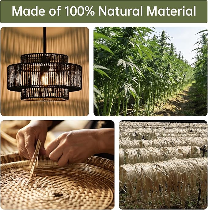 12.4” Black Boho Rattan Chandelier for Dining Room, 1-Light Hand Woven Pendant Light Fixture, Coastal Wicker Hanging Ceiling Light for Kitchen Island Living Room Bedroom Entryway Foyer