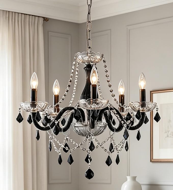 Saint Mossi Black and Clear Crystal Chandelier, Modern Pendant Ceiling Lighting Fixture for Dining Room,Bedroom,Living Room, D19 x H19 with Max 59", 5 E12 Socket, Adjustable Chain