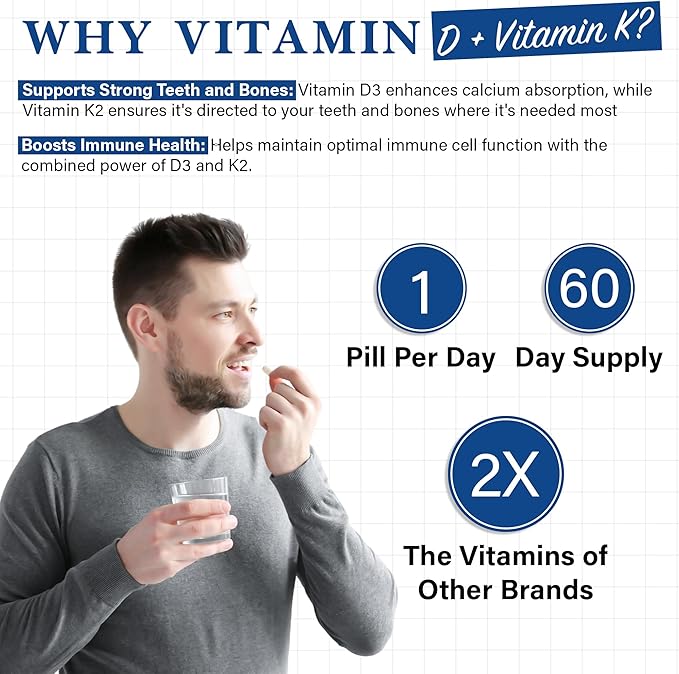 Vivre mieux avec la vitamine D3 10 000 UI et K2 du Dr Michelle – Soutien immunitaire, pour les dents et la santé osseuse, sans OGM, sans gluten et sans produits laitiers, approvisionnement de 60 jours, 60 capsules