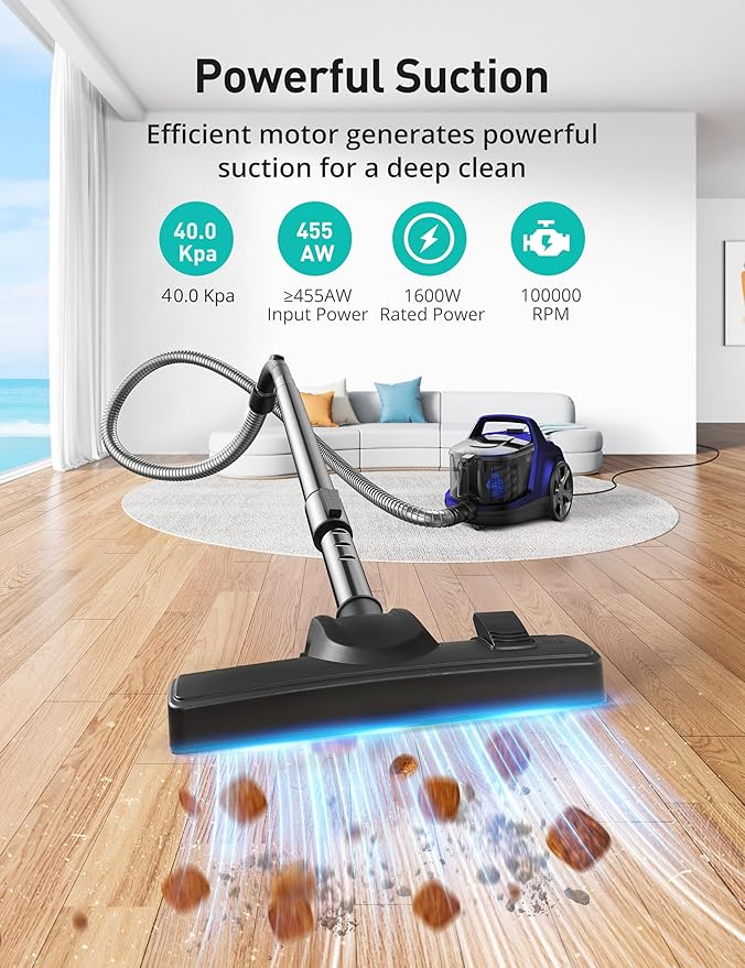 Aspiron 40Kpa Canister Vacuum Cleaner, 1600W Bagless Canister Vacuum Cleaner with 5 Tools, Auto Cord Rewind, H13 HEPA Filter, 4Qt Large Cup, for Hard Floors, Carpet, Pet, Upholstery, Tiles, Sapphire