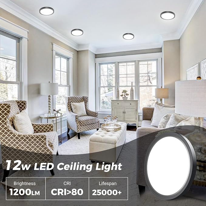 hepside 1PACK Flush Mount LED Ceiling Light Fixture Black, 6.5Inch 12Watt, Dimmable & 3000K-4000K-6500K Ceiling Lamp 1200LM Low Profile Ceiling Light for Kitchen Bedroom Hallway Porch