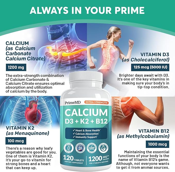 4-in-1 Calcium 1200 mg with Vitamin D3 K2 - Extra Strength Calcium Supplements for Women & Men with D3 K2 Vitamin 5000 IU - Everyday Vitality Supplement - Vegan-Friendly, Gluten-Free, Non-GMO (120ct)