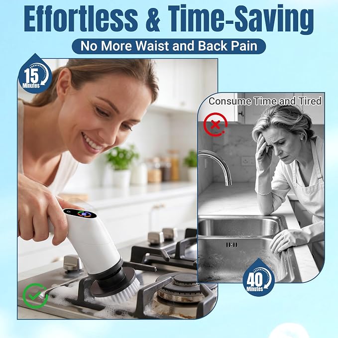 Electric Spin Scrubber 2026 Upgraded Cordless Power Scrubber with 8 Replaceable Brush Heads for Shower,Toilet,Floor&Grout Cleaning,IPX7 Waterproof, 120 Min Battery,3 Speeds,Extendable Long Handle