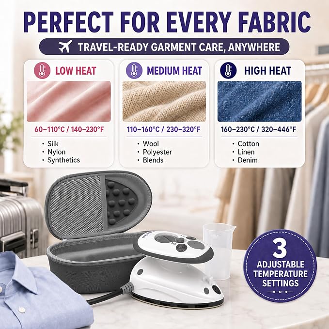 The Quilted Bear Premium Mini Steam Iron - Lightweight Mini Travel Iron for Effortless Quilting & Wrinkle-Free Clothes with Carry Case & Iron Rest Set - Travel Steamer for Clothes & Crafts (Black)