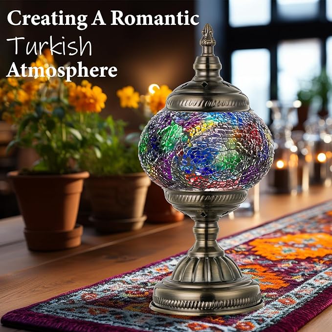 Marrakech Turkish Lamp Mosaic Table Lamps with Tiffany Style, Handmade Moroccan Lamp with Bronze Base Including LED Bulb for Living Room Bedroom Decor (Shard Colorful)