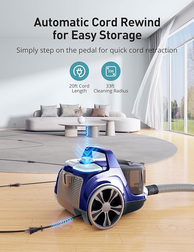 Aspiron Canister Vacuum Cleaner, 40Kpa Bagless Vacuum Cleaners, 4QT Large Dust Cup, Double HEPA Filter, Retractable Cord, 1600W Lightweight Vacuum Cleaner with 5 Tools for Hard Floors, Prussian Blue