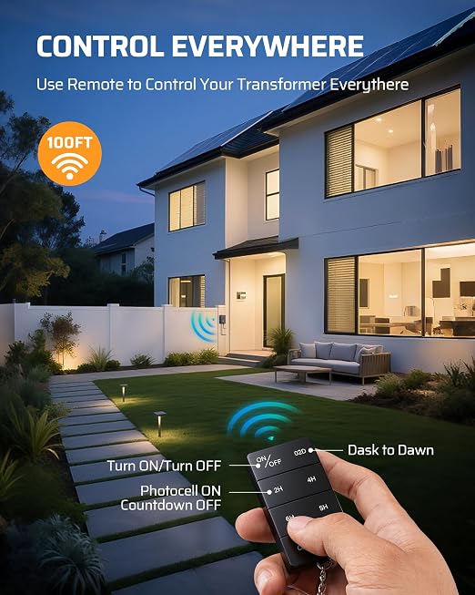 DEWENWILS 60W Low Voltage Transformer with Remote Control, 120V AC to 12V DC, Dusk to Dawn Sensor & Timer, Weatherproof Low Voltage Landscape Transformer for Spotlights, Garden Lights, Pathway Lights