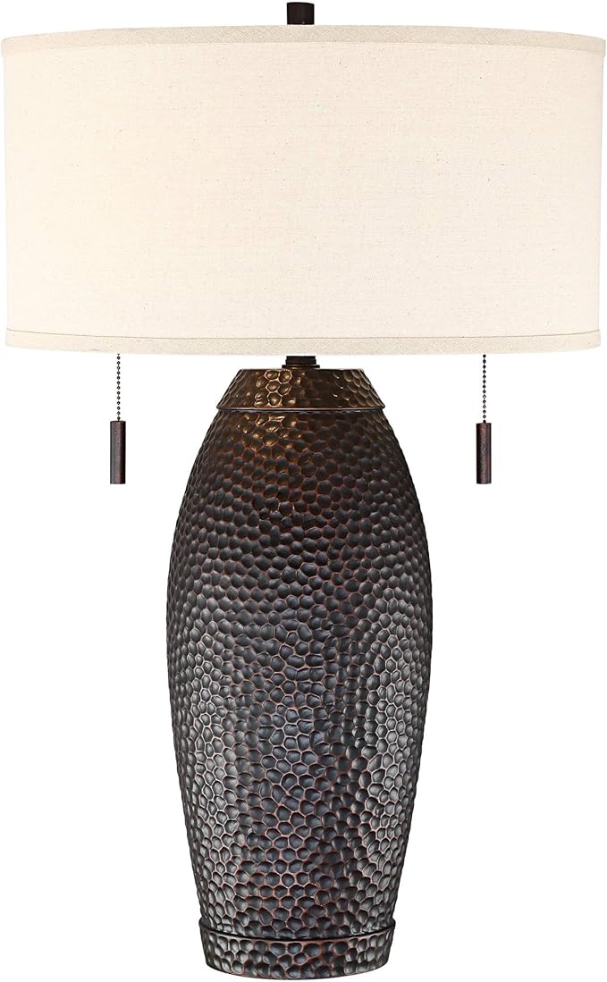 Franklin Iron Works Noah Rustic Farmhouse Industrial Vintage Table Lamp with Dimmer and USB Charging Port 31" Tall Bronze Oatmeal Drum Shade for Living Room Bedroom House Bedside Nightstand Home