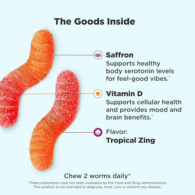 OLLY Hello Happy Gummy Worms, Soutien à l'équilibre de l'humeur, Vitamine D, Safran, Complément à croquer pour adultes, Sans gluten, Tropical Zing - 90 unités
