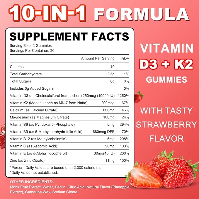 Sugar Free Vitamin D3 K2 Gummies - Vitamin D Gummies with VD3 10000IU, VK2 200MCG, 7 Essential Vitamins - Supports Bone, Muscle, Teeth & Immune - Vegan, Non-GMO, Strawberry Flavor, 120 Count
