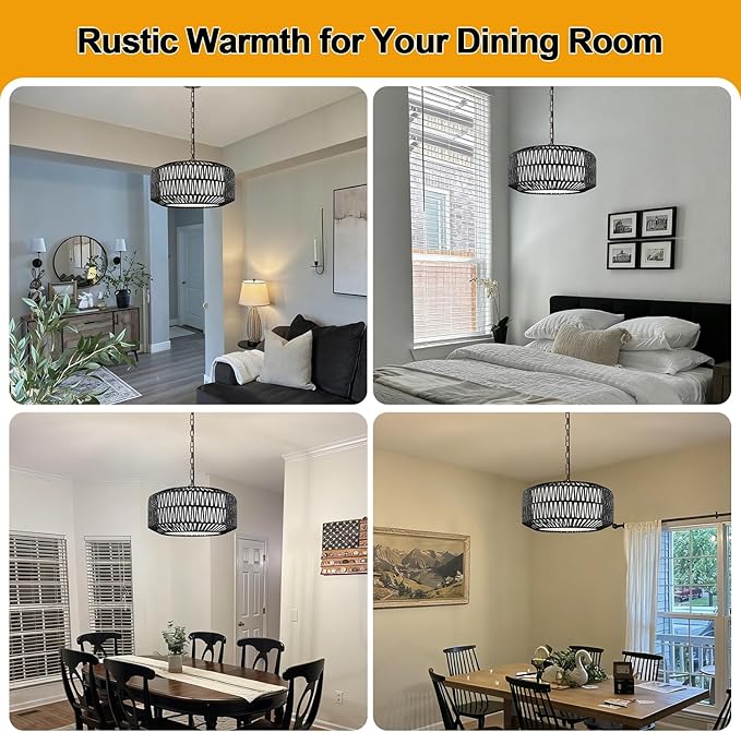 9"-52" Height Adjustable Farmhouse Chandelier Light Fixture, 5-Light Rattan Boho Chandeliers for Dining Room, Hand Woven Pendant Light with Linen Shade, Rustic Hanging Lighting for Kitchen Island