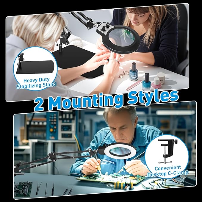 KIRKAS 12X Magnifying Glass with Light and Stand, Overhead Knob Magnifying Lamp for Workbench Craft, Sewing, 2-in-1 LED Lighted Magnifier Real Glass Lens Stepless Dimming and Color(11.8IN Base&Clamp)